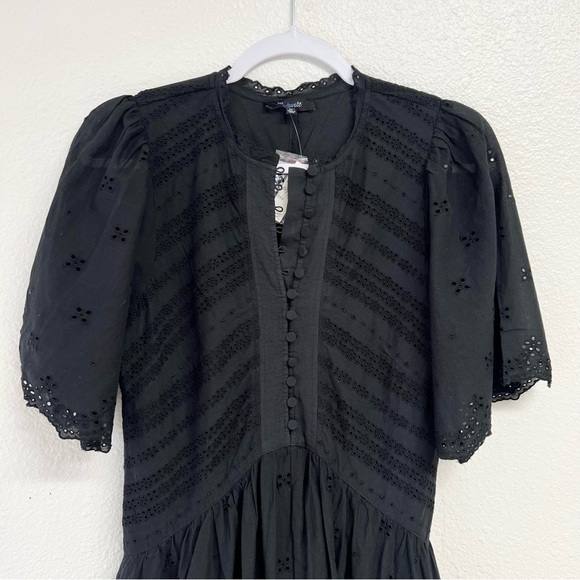 Madewell Eyelet Flutter Sleeve Mini Dress Cotton in Jet Black Size 00 NWT - Picture 10 of 15